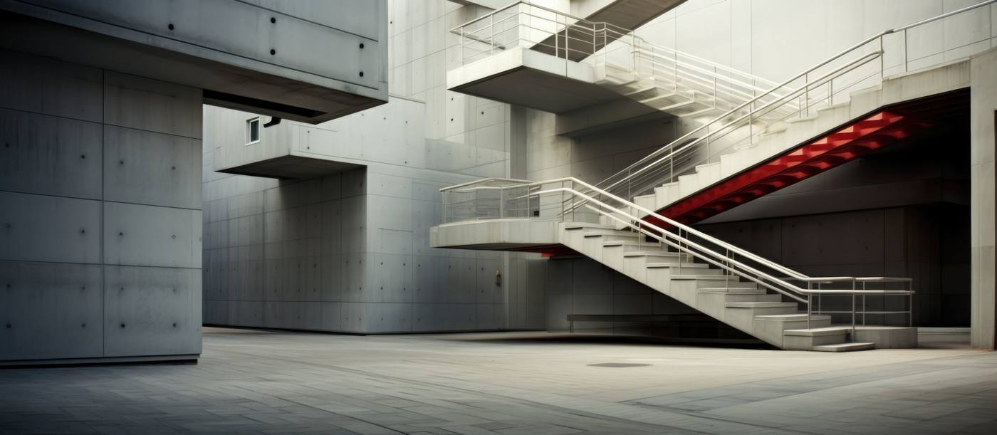 Concrete and metal staircase with steel handrails and guardrails